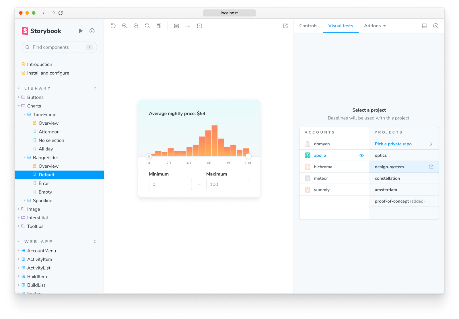 Visual Tests addon project selection